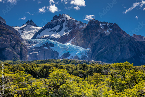 Patagonia mountain landscape. National parks of Chile and Argentina in South America scenic mountain summits view. Rocky granite peaks and glaciers in Patagonia Andes on a sunny day in summer
