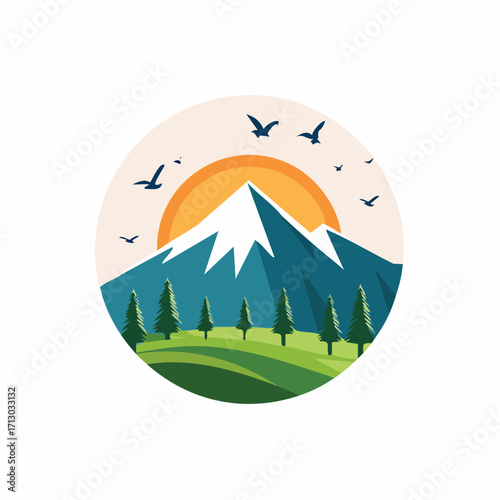 Scenic mountain landscape illustration featuring soaring birds, sunshine, and verdant nature scene