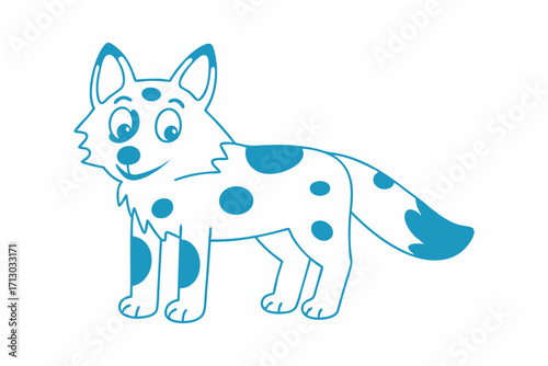 Cheerful cartoon dingo outlined in bright blue with distinct spots stands happily looking forward