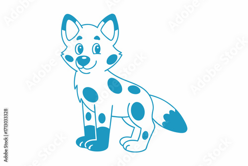 Cheerful cartoon dog with blue spots is sitting looking forward attentively on a white background