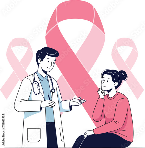 Vector, illustration, doctor and patient with a pink ribbon, cancer day, woman, hospital