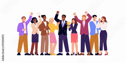 Diverse group of business professionals celebrating success and holding a trophy together