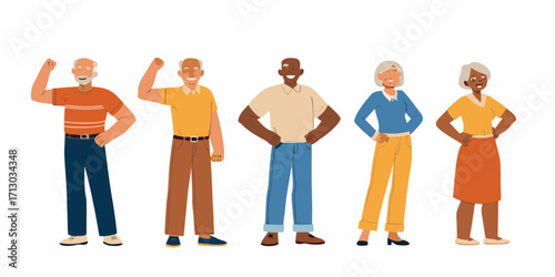 Diverse group of happy senior men and women standing together with confidence and smiles