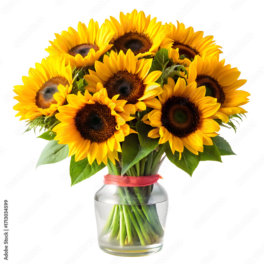 Obraz premium Sunflower Bouquet Tied with Red Ribbon in Glass Jar on Black Background sunflowers