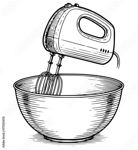 Electric hand mixer stirring in a mixing bowl in a vintage style