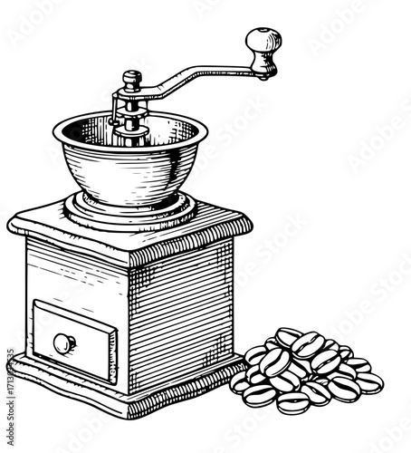 Vintage coffee grinder with coffee beans in a rustic style
