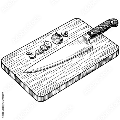 Cutting board with a chef's knife and sliced vegetables in a hand-drawn style