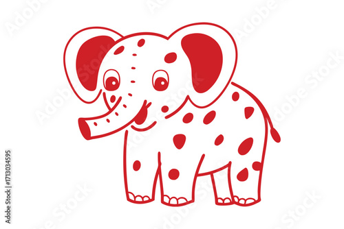 Cheerful red cartoon elephant with spots cheerfully stands, isolated against a white background