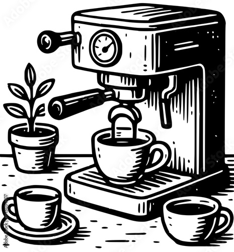 Coffee machine brewing espresso with cups and a plant in a hand-drawn style