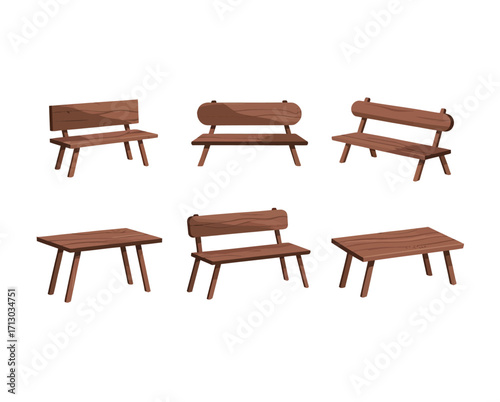 A collection of wooden benches and tables isolated on a white background, showcasing outdoor furniture design elements