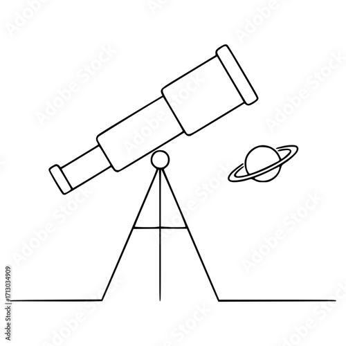 Elegant telescope on a stand observing a planet in a line-art style