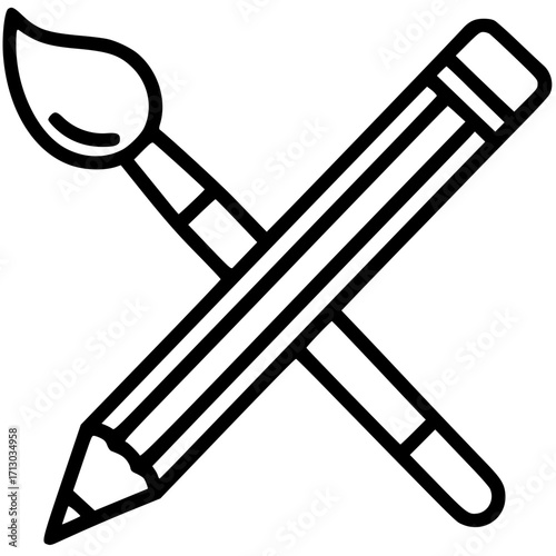 Crossed pencil and paintbrush illustration in a line-art style
