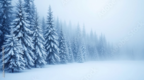 Snow-covered pine trees in a foggy winter scene with soft light in a serene forest setting
