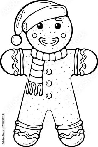 Cute gingerbread cookie man wearing a Santa hat. Christmas decor, greeting card, poster, festive graphic design. Vector illustration in hand drawn sketch style. Line art isolated on white for print