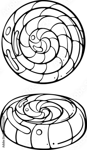 Two striped twisted candies, one in top view holiday sweets. For card, poster, seasonal graphic projects. Vector illustration in hand drawn sketch style. Line art isolated on white for print