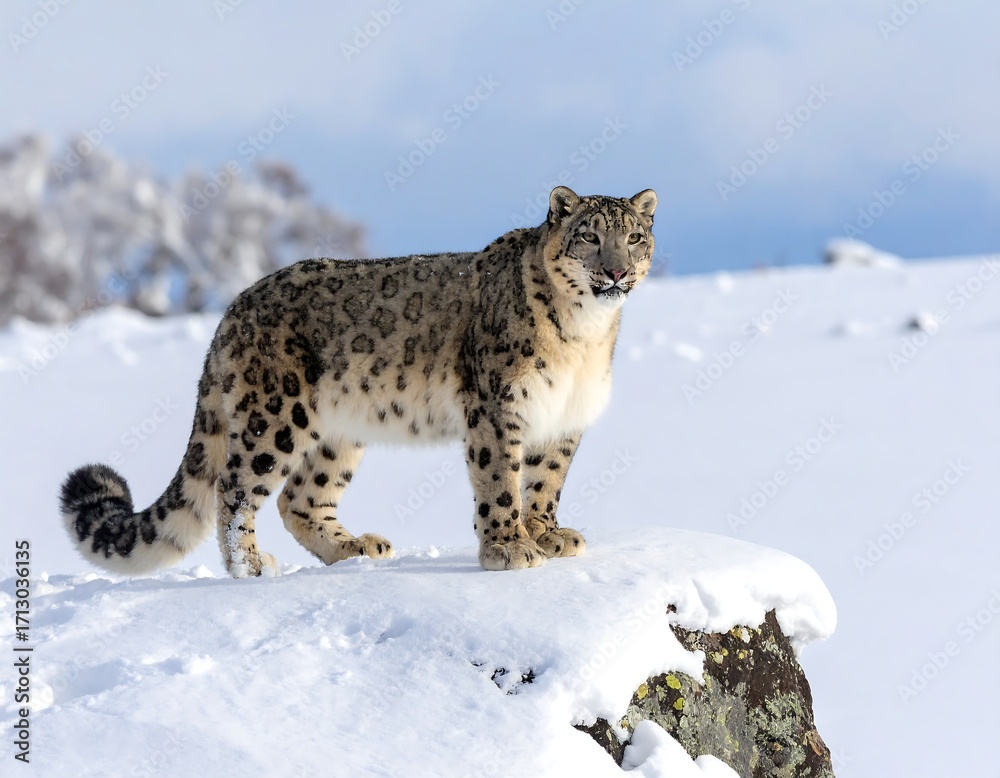 Fototapeta premium Snow leopard on snowy mountaintop (1)