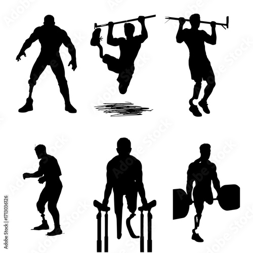 Inspiring athletes with prosthetics showcase strength, determination, and athletic prowess in dynamic poses.