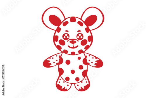 Cheerful spotted red mouse smiles sweetly on a white surface in cartoon style