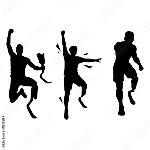 Dynamic silhouettes of athletes with prosthetic limbs celebrating victory with powerful leaps and raised fists
