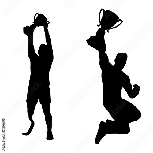 Champions celebrate victory lifting trophies, showcasing triumph and overcoming challenges with pure elation.