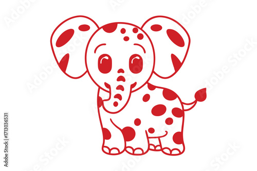 Cute baby elephant with red spots stands playfully, outlined clearly on the light background
