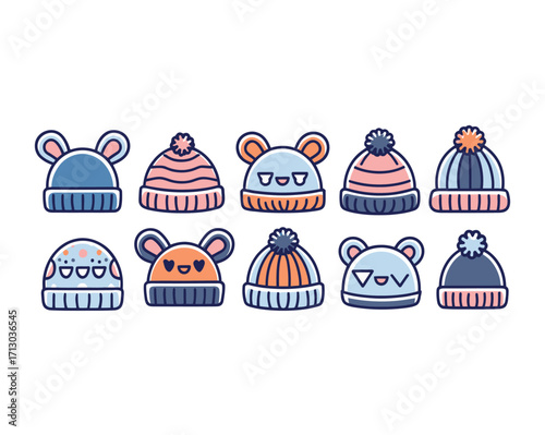 Collection of cute knitted beanies with pom-poms and ear designs, perfect for winter warmth and fashion