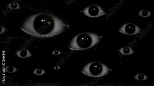 Many eyes watching in the dark. Surveillance, paranoia, fear, stalker concepts. Seamless loop animation. 4K