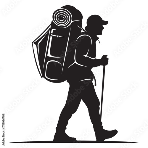Silhouette of a Hiker with Backpack and Trekking Pole