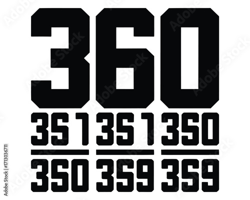 Bold black and white graphic illustration featuring the number 360, placed above a collection of mathematical fractions, ideal for conceptual design and numeric themes