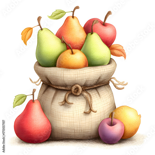 Vector illustration of autumn harvest with colorful pears, apples, plums and citrus fruits in a rustic burlap sack, seasonal still life with fresh farm produce and natural texture