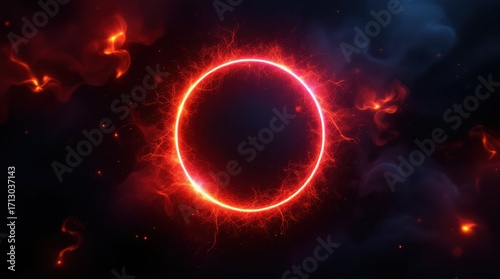 Bright red ring of energy surrounded by dark swirling clouds in a cosmic scene