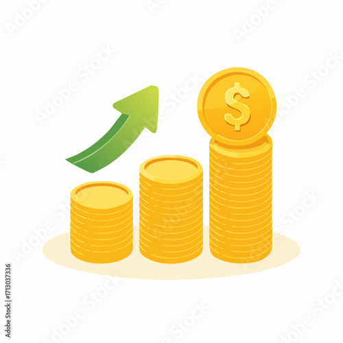 Visual Representation of Growing Finances: Dollar Coins, Arrow, and Economic Progress