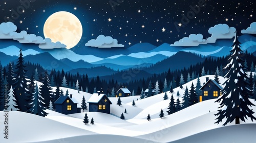 Winter night scene with full moon shining over snow-covered mountains and cozy houses