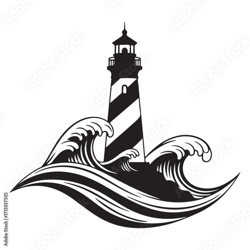 Black and White Lighthouse Amidst Stylized Ocean Waves Illustration