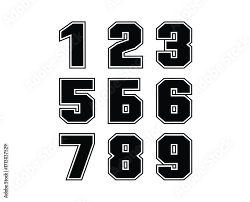 Numbers 1 to 9 in a bold, modern design, ideal for sports or educational use