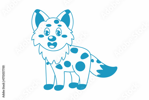 Cute blue spotted cartoon wolf standing cheerfully on a solid white background
