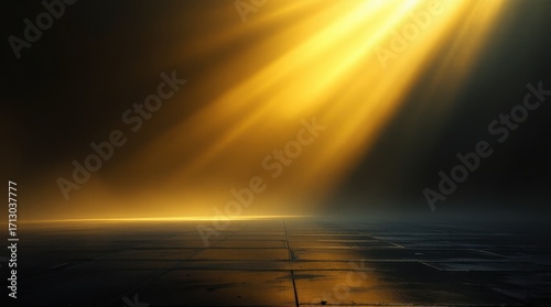 Radiant light beams shining through mist in a dimly lit space during twilight hours