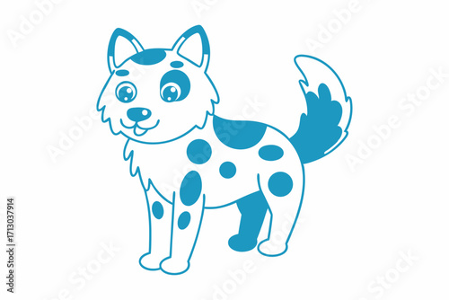 Cute cartoon dog with blue spots stands happily isolated on a white background
