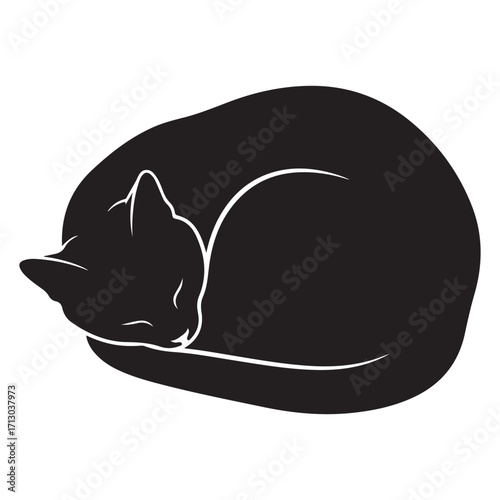 Black Cat Sleeping Curled Up Silhouette Illustration on White Background