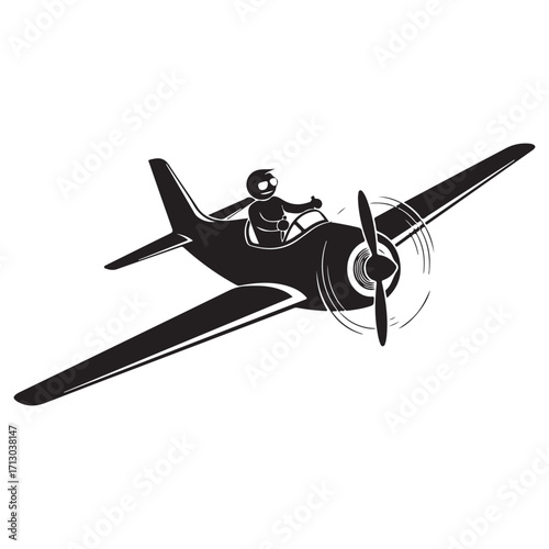 Black Silhouette of Vintage Propeller Airplane with Happy Pilot Giving Thumbs Up