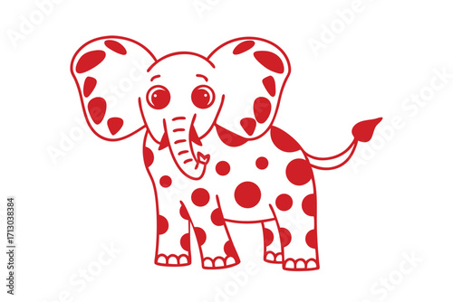 Cute cartoon elephant outlined in red and covered with matching spots against white