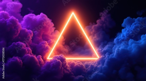 Bright glowing triangle against a backdrop of colorful clouds in a surreal digital landscape