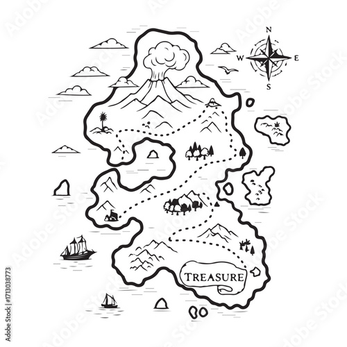 Hand-Drawn Treasure Map Illustration with Island, Volcano, and Ships