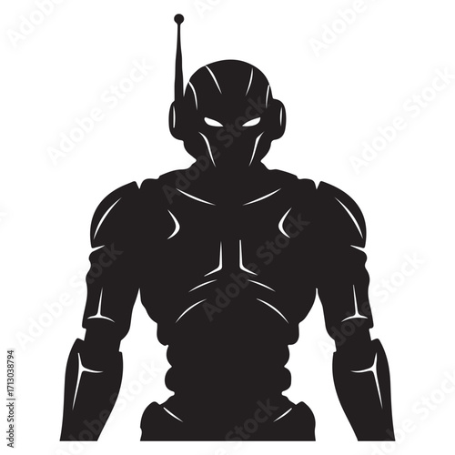 Black Silhouette of a Futuristic Robot with Glowing Eyes and Antenna