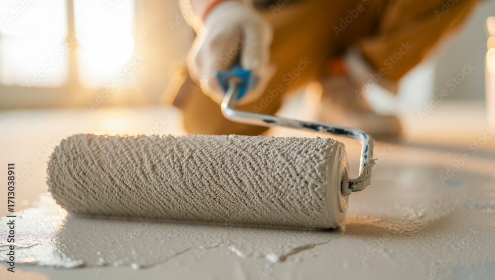 Obraz premium Close-up of a paint roller applying white paint on a floor during home renovation, sunlight streaming through windows, worker kneeling in background wearing gloves and protective shoes