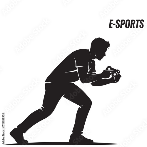 Silhouette of an intense gamer focused on playing with a controller in a dynamic stance