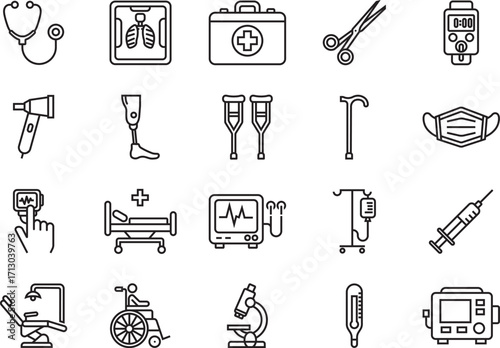Clean professional medical and healthcare icon collection with balanced stroke weight, trending line art, outline vector, minimal style