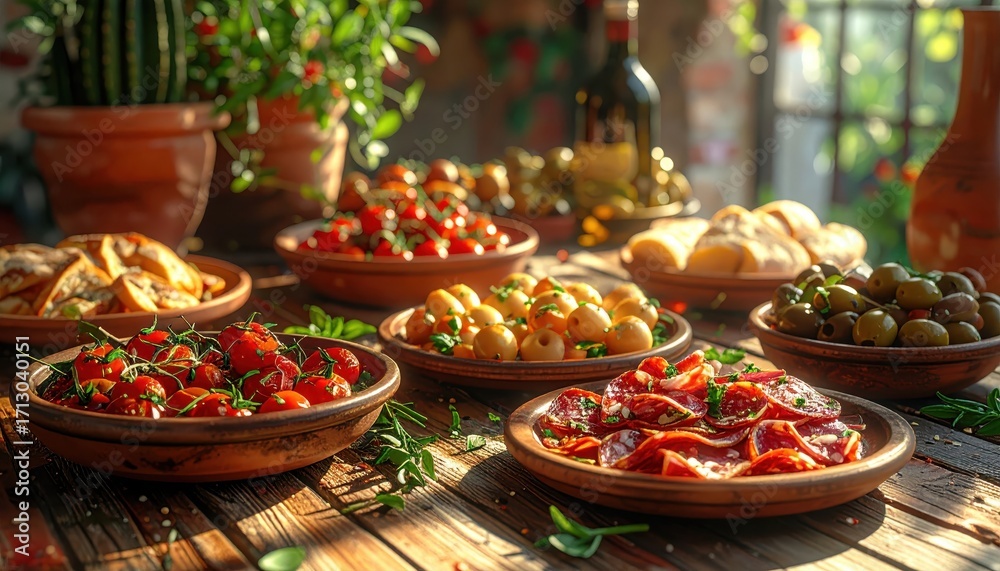 Fototapeta premium A rustic outdoor table laden with various tapas dishes, including olives, sliced cured meats, and fresh cherry tomatoes, bathed in warm sunlight.
