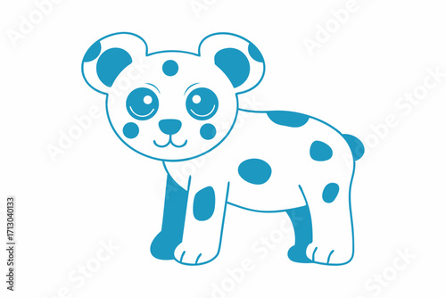 Cute cartoon puppy with blue spots stands smiling on a white background