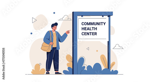 A cheerful visitor approaches the Community Health Center, illustration in modern style
